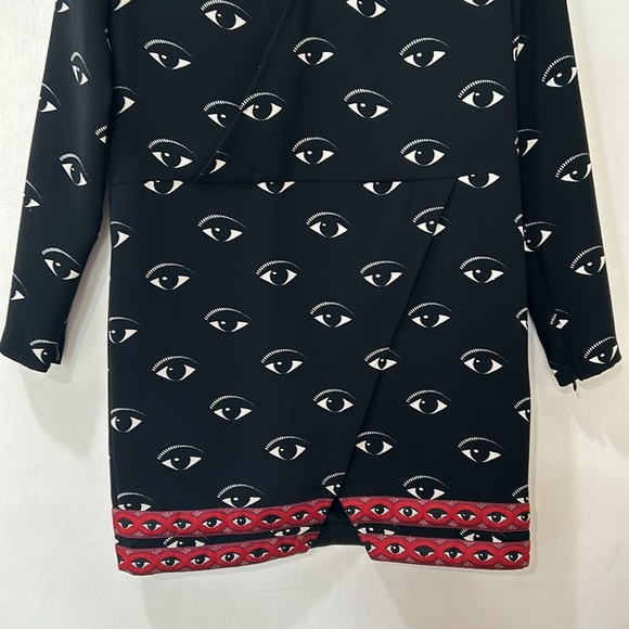 KENZO PARIS WOMENS MIDI DRESS EYE PATTERNS BLACK RED LONG SLEEVE Sz 40 - Picture 6 of 16